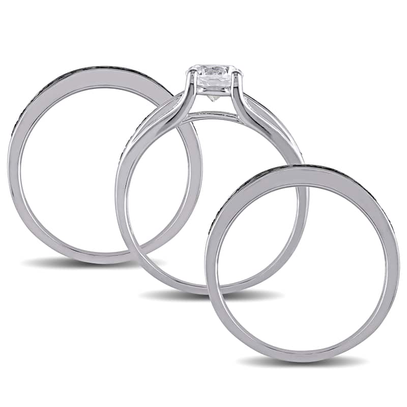 Miadora Sterling Silver with Black Rhodium 1/2ct TDW Black Diamond and Created White Sapphire Split Shank 3-Piece Bridal Set