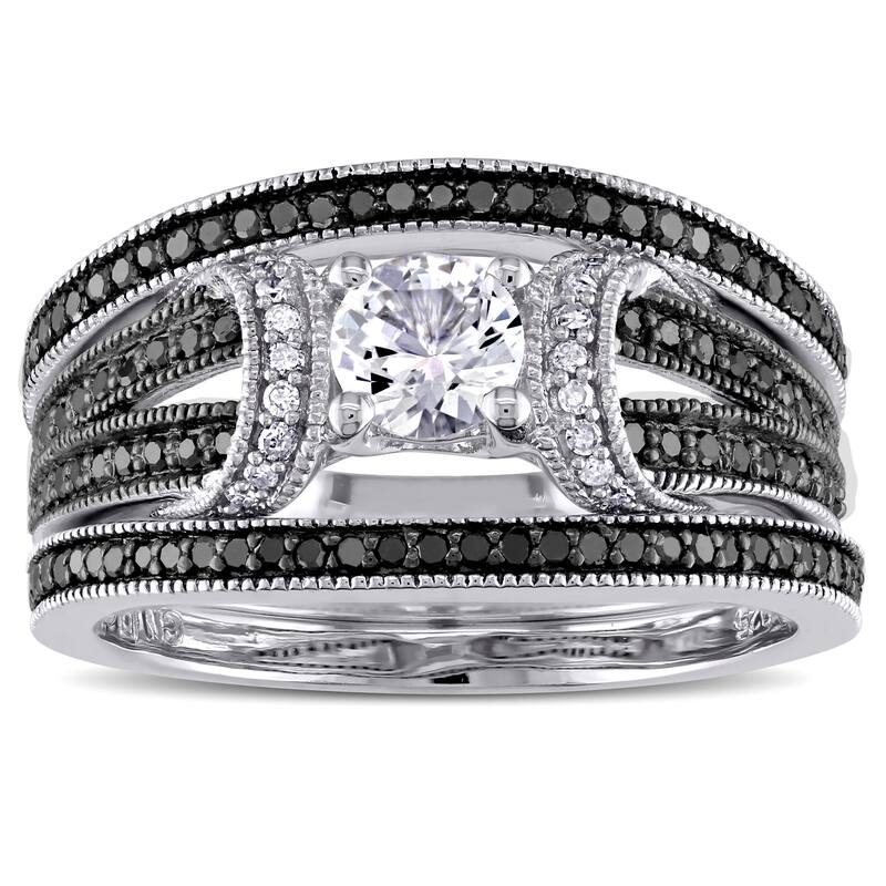 Miadora Sterling Silver 1/2ct TDW Black and White Diamond and Created White Sapphire Split Shank 3-Piece Bridal Set (G-H, I2-I3)