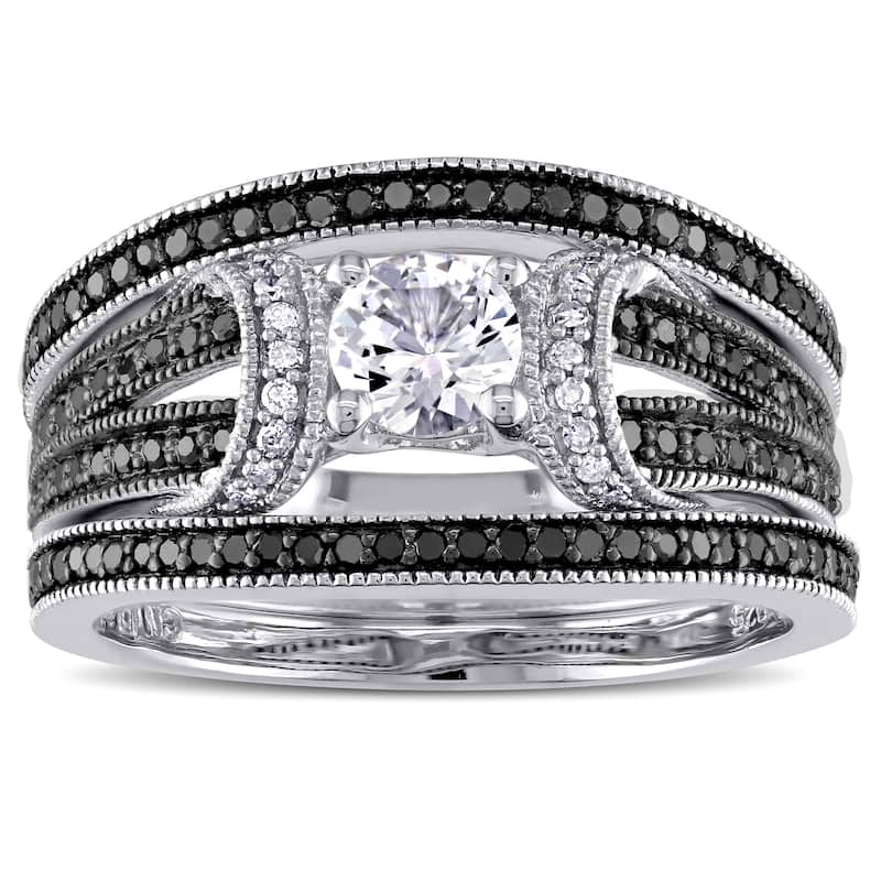 Miadora Sterling Silver 1/2ct TDW Black and White Diamond and Created White Sapphire Split Shank 3-Piece Bridal Set (G-H, I2-I3) - Gemstone Bridal/Modern/Wedding Ring Sets - 7.5