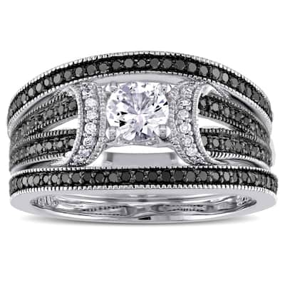 Miadora Sterling Silver 1/2ct TDW Black and White Diamond and Created White Sapphire Split Shank 3-Piece Bridal Set (G-H, I2-I3)