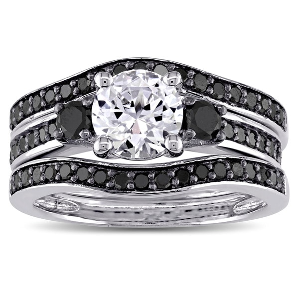 Miadora Sterling Silver 3/4ct TDW Black Diamond and Created White Sapphire 3-Stone 3-Piece Bridal Se