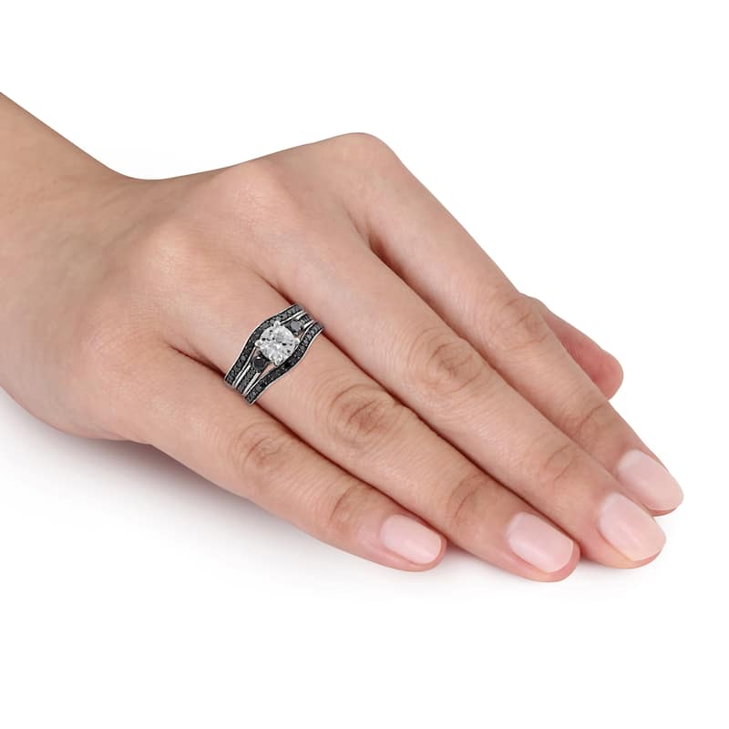 Miadora Sterling Silver 3/4ct TDW Black Diamond and Created White Sapphire 3-Stone 3-Piece Bridal Se