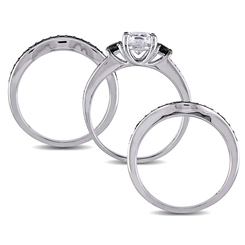 Miadora Sterling Silver 3/4ct TDW Black Diamond and Created White Sapphire 3-Stone 3-Piece Bridal Se