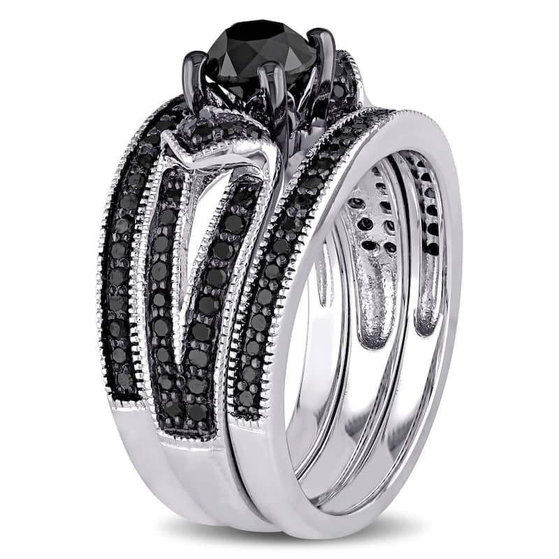 Miadora Sterling Silver 1 1/4ct TDW Black Diamond Split Shank 3-Piece Bridal Set