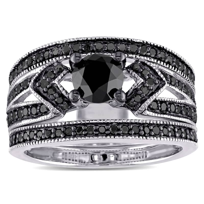 Miadora Sterling Silver 1 1/4ct TDW Black Diamond Split Shank 3-Piece Bridal Set