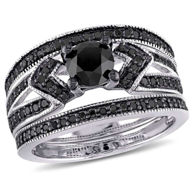 Miadora Sterling Silver 1 1/4ct TDW Black Diamond Split Shank 3-Piece Bridal Set