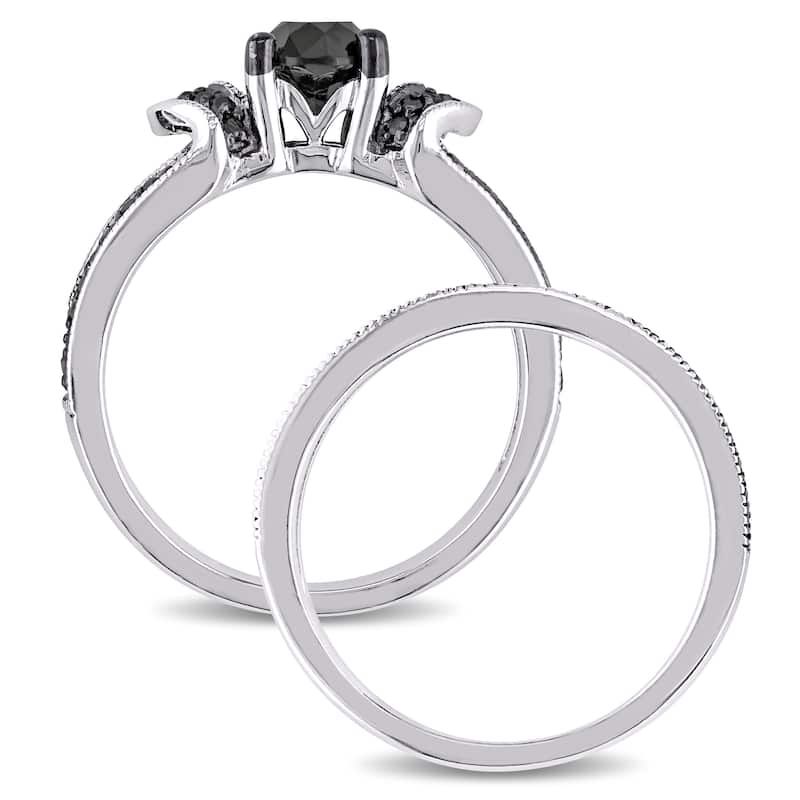 Miadora Sterling Silver 1 1/4ct TDW Black Diamond Split Shank 3-Piece Bridal Set