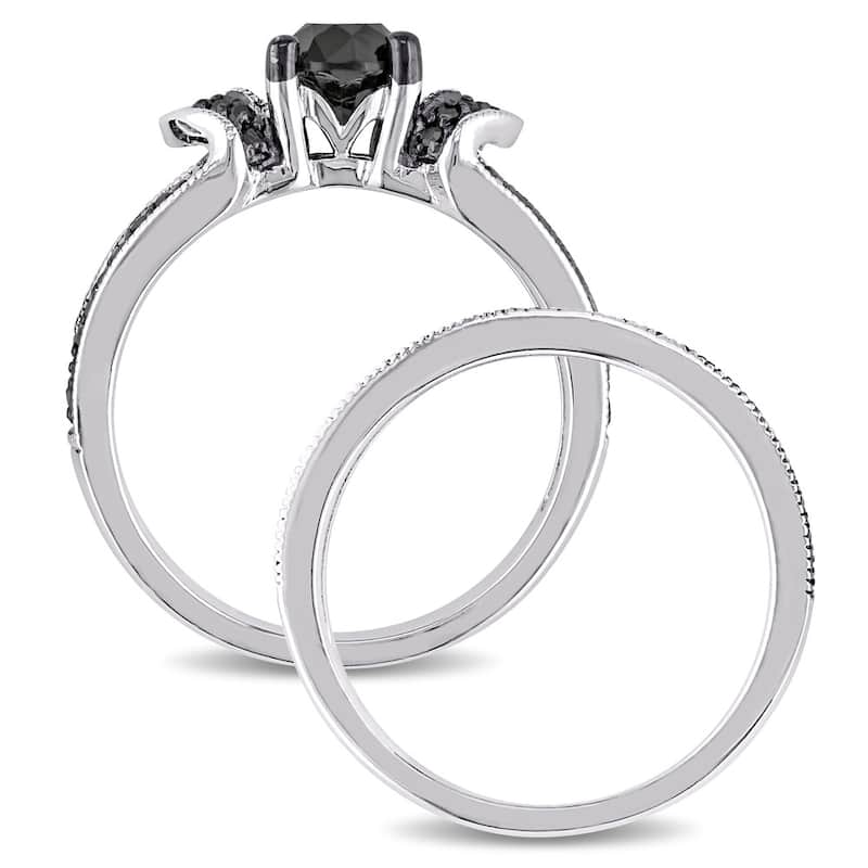 Miadora Sterling Silver 1 1/4ct TDW Black Diamond Split Shank 3-Piece Bridal Set
