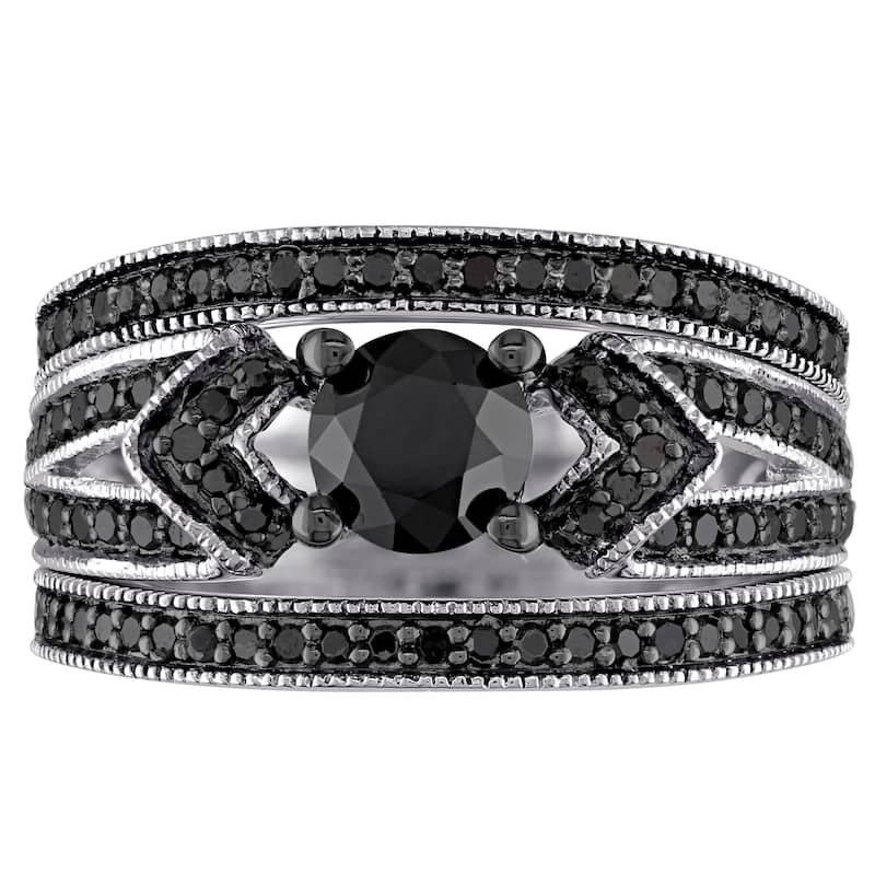 Miadora Sterling Silver 1 1/4ct TDW Black Diamond Split Shank 3-Piece Bridal Set