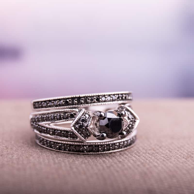 Miadora Sterling Silver 1 1/4ct TDW Black Diamond Split Shank 3-Piece Bridal Set