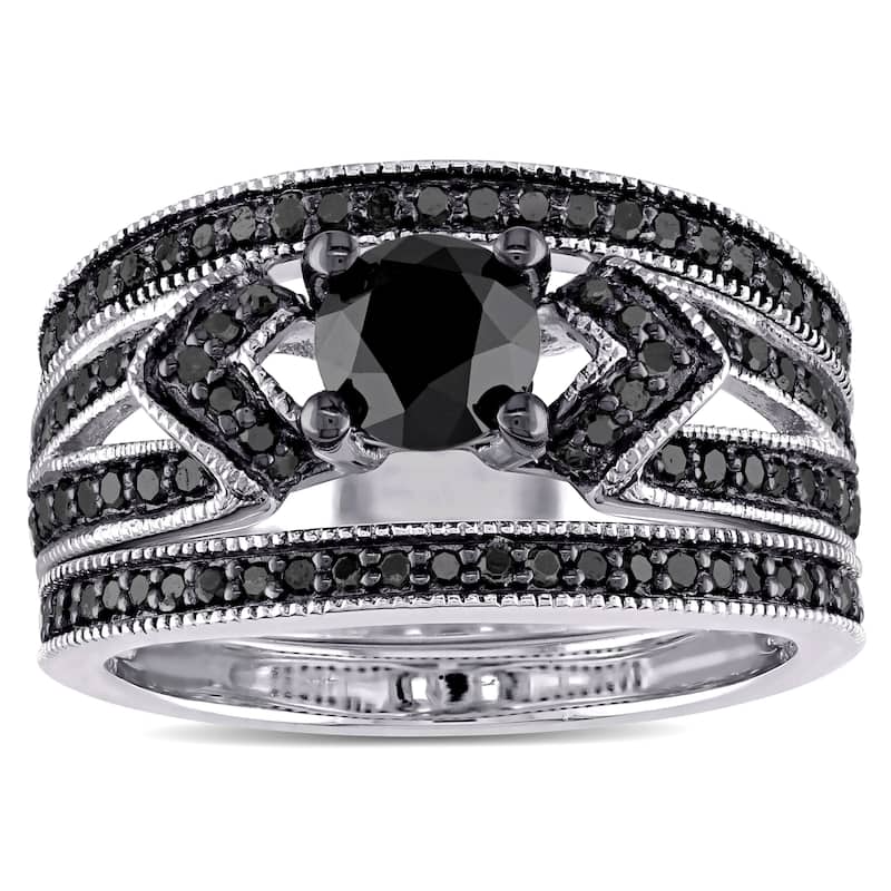 Miadora Sterling Silver 1 1/4ct TDW Black Diamond Split Shank 3-Piece Bridal Set - 6.5