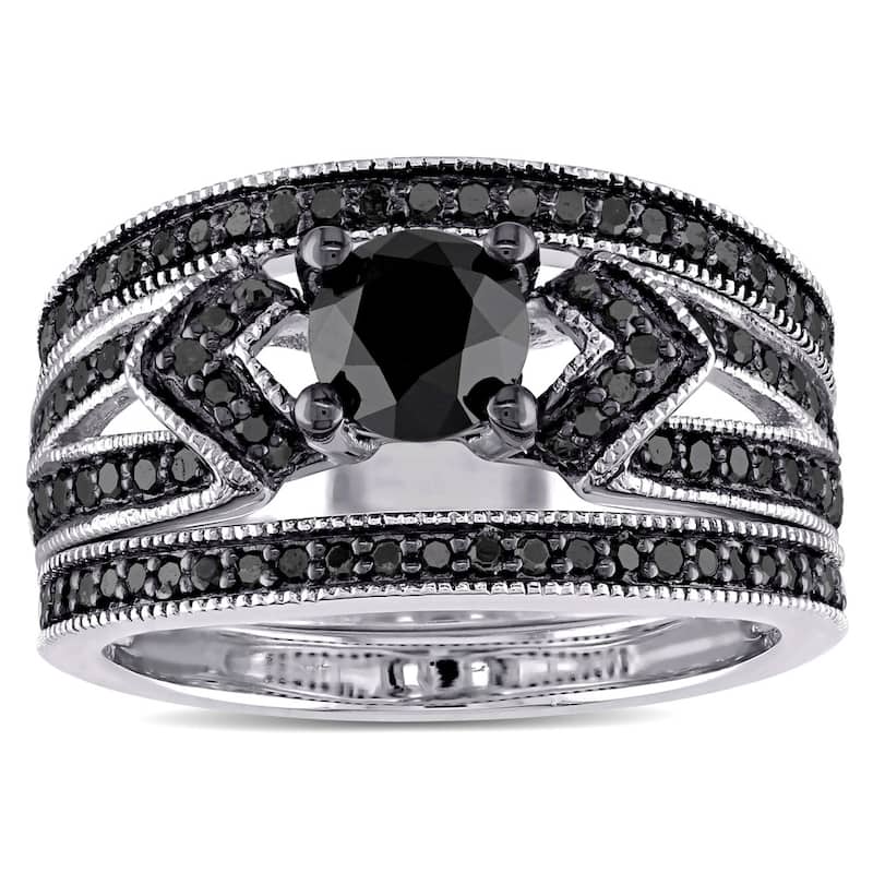Miadora Sterling Silver 1 1/4ct TDW Black Diamond Split Shank 3-Piece Bridal Set - 5.5