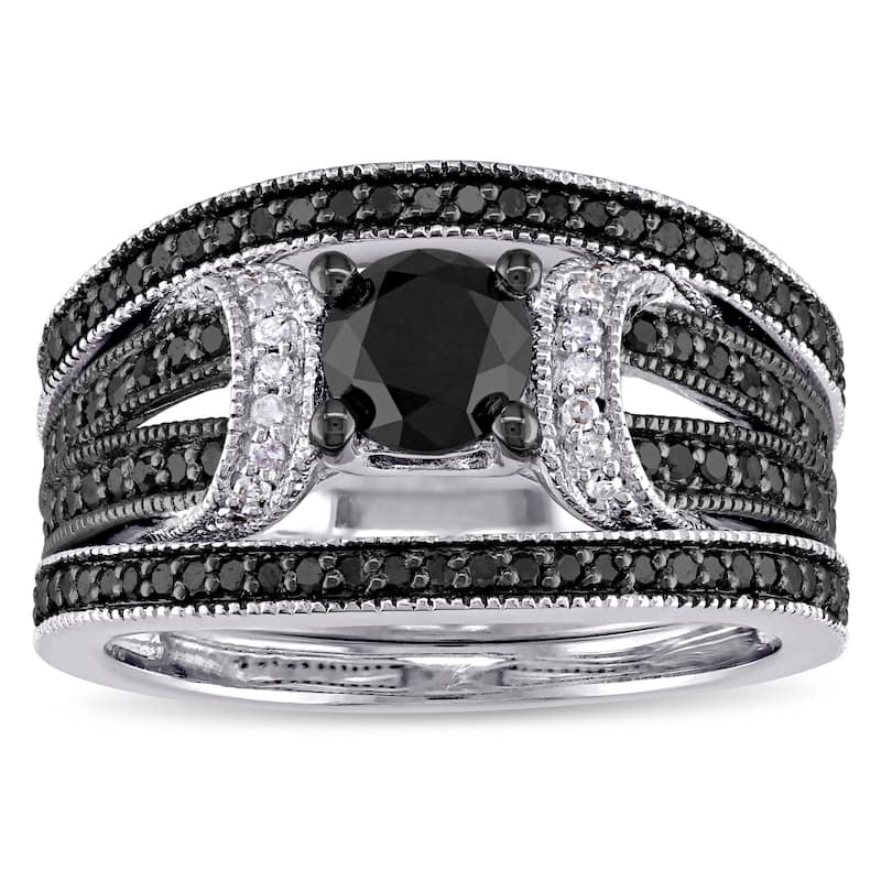 Miadora Sterling Silver 1 1/3ct TDW Black and White Diamond Split Shank 3-Piece Bridal Set