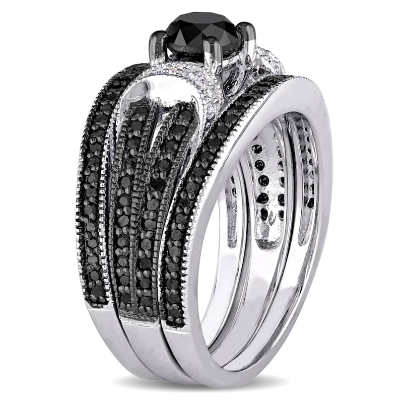 Miadora Sterling Silver 1 1/3ct TDW Black and White Diamond Split Shank 3-Piece Bridal Set