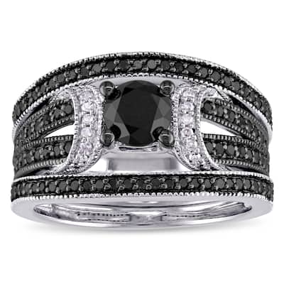 Miadora Sterling Silver 1 1/3ct TDW Black and White Diamond Split Shank 3-Piece Bridal Set