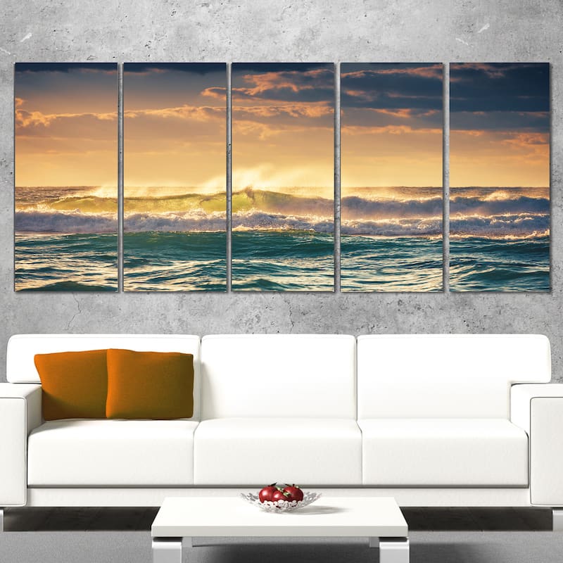 Sunrise and Shining Waves in Ocean - Seashore Canvas Wall Art
