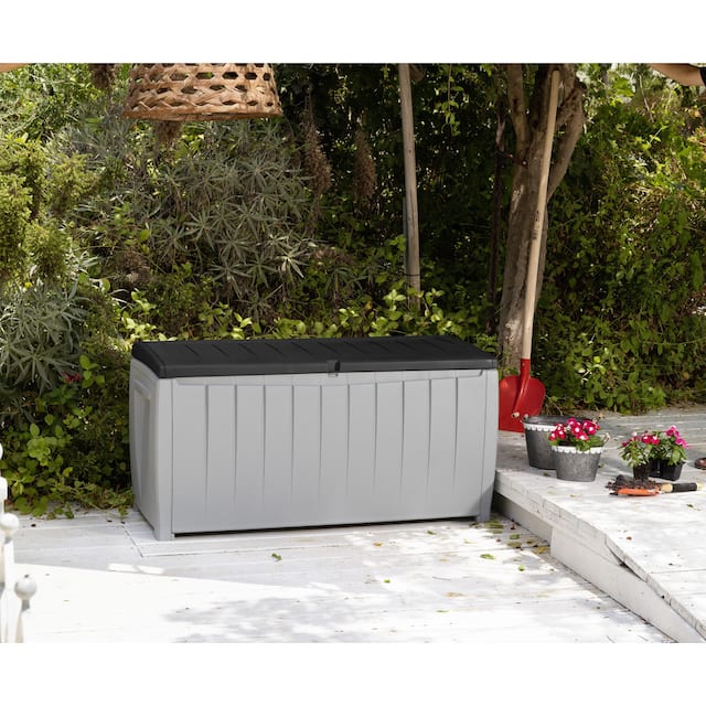 Keter Novel 90 Gallon Large Durable Resin Black and Grey Storage Deck Box For Lawn Garden Patio