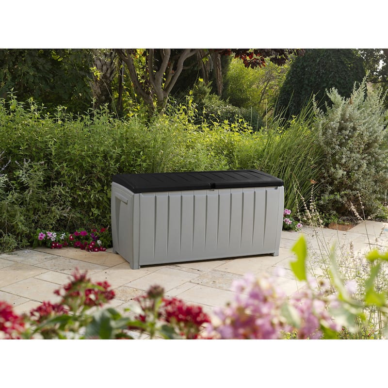 Keter Novel 90 Gallon Large Durable Resin Black and Grey Storage Deck Box For Lawn Garden Patio