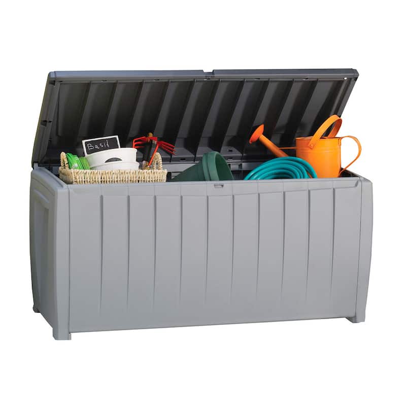 Keter Novel 90 Gallon Durable Resin Outdoor Storage Deck Box For Furniture and Supplies, Grey
