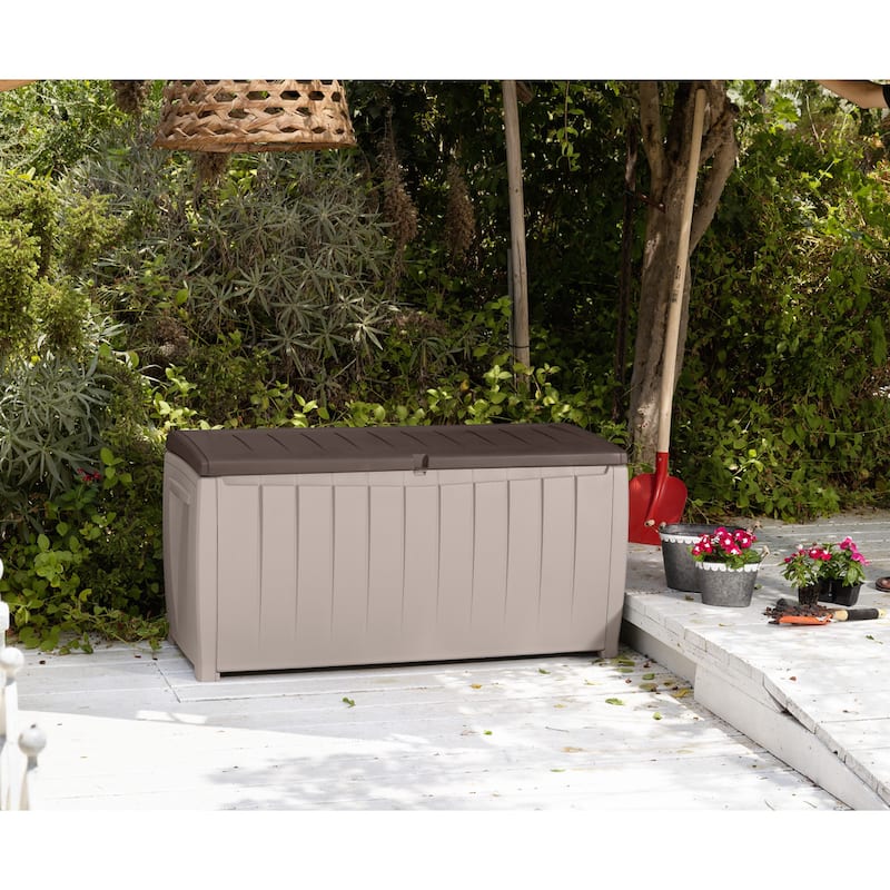 Keter Novel 90 Gallon Durable Resin Outdoor Storage Deck Box For Furniture and Supplies, Brown and Beige