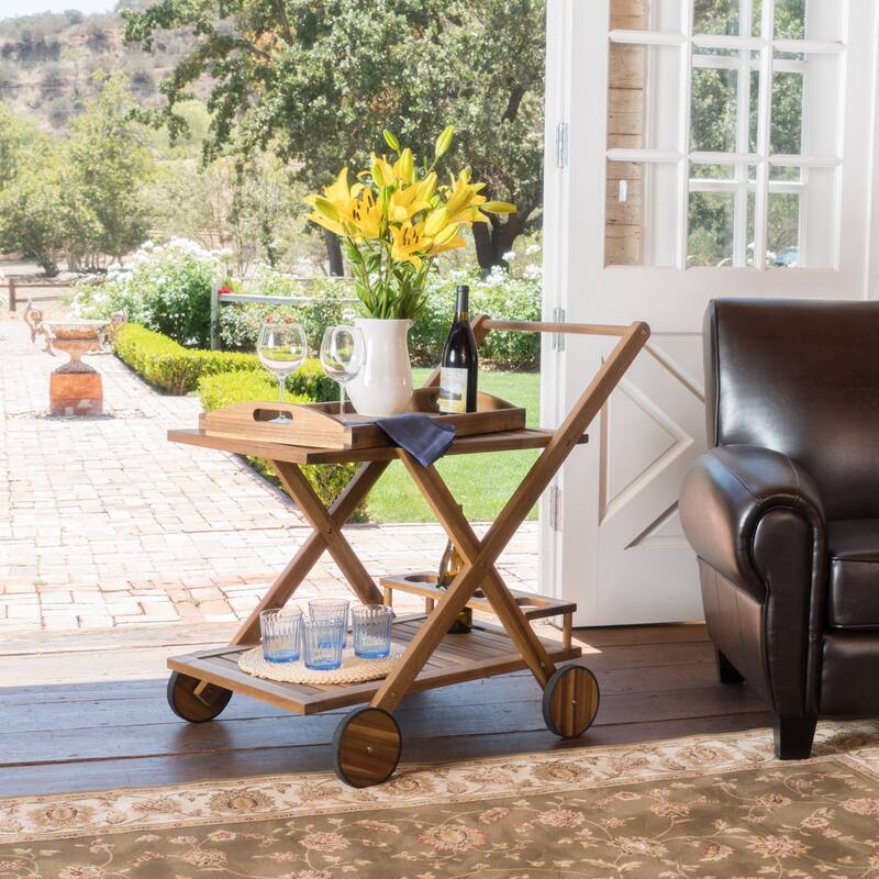 Evvie Natural Stained Acacia Wood Indoor Bar Cart by Christopher Knight Home