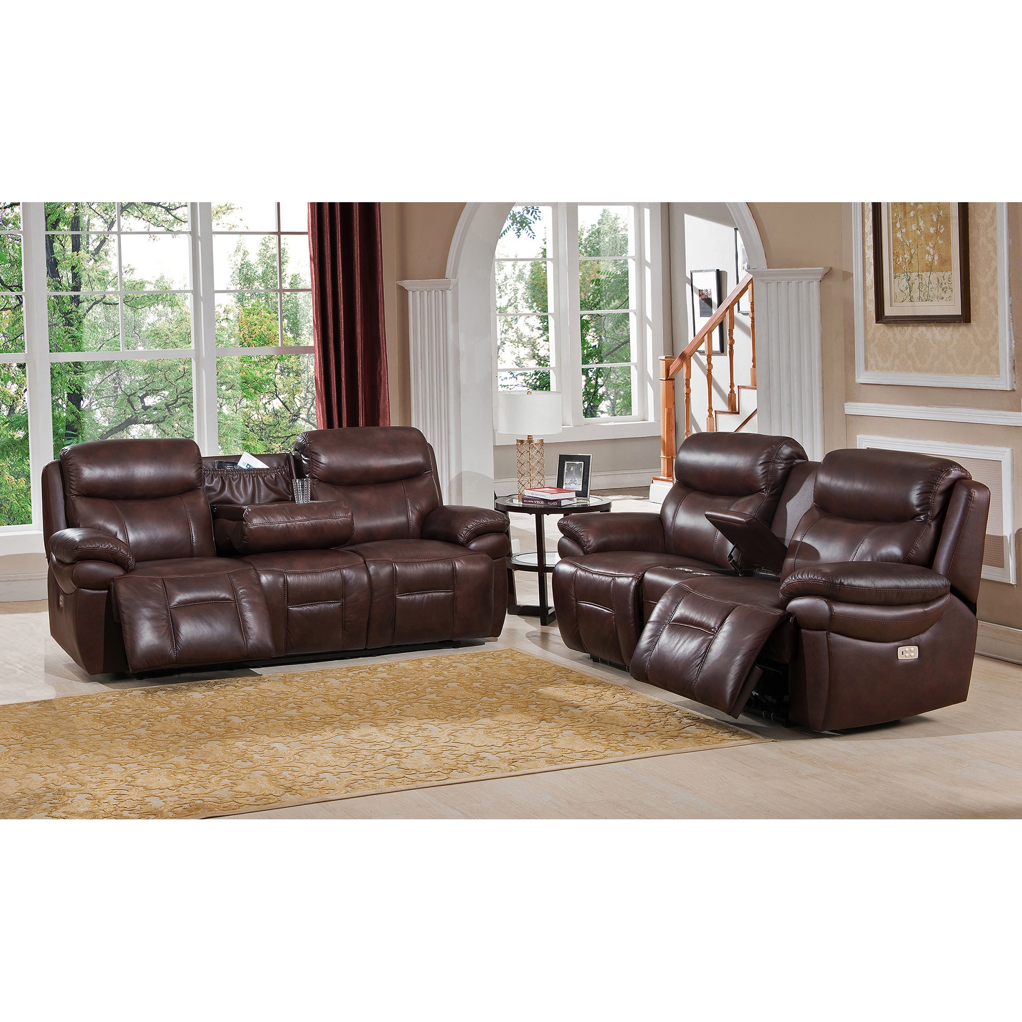 Sanford Leather Power Reclining Sofa and Loveseat Set with Power Headrests and USB Ports Bed Bath Beyond 12307773