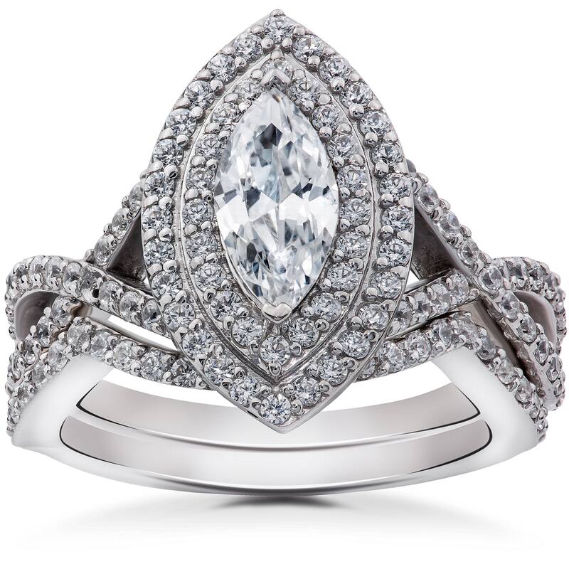 14k White Gold 2 3/8ct TDW Marquise Enhanced Diamond Engagement Double Halo Matching Wedding Ring Set (I-J, I2-I3) - 4
