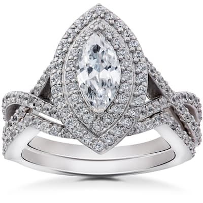 14k White Gold 2 3/8ct TDW Marquise Enhanced Diamond Engagement Double Halo Matching Wedding Ring Set (I-J, I2-I3)