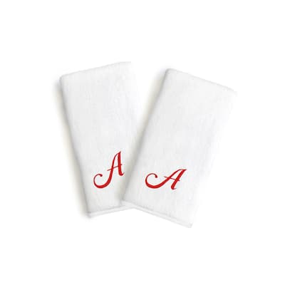 Authentic Hotel and Spa 2-piece White Turkish Cotton Hand Towels with Holiday Red Script Monogrammed Initial