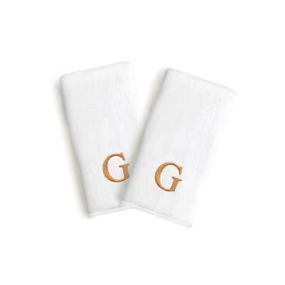 Authentic Hotel and Spa 2-piece White Turkish Cotton Hand Towels with Gold Block Monogrammed Initial