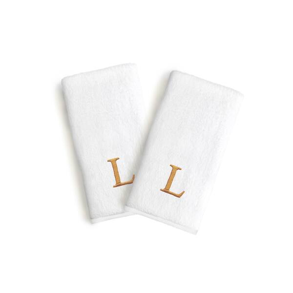 Authentic Hotel and Spa 2-piece White Turkish Cotton Hand Towels with Gold Block Monogrammed Initial