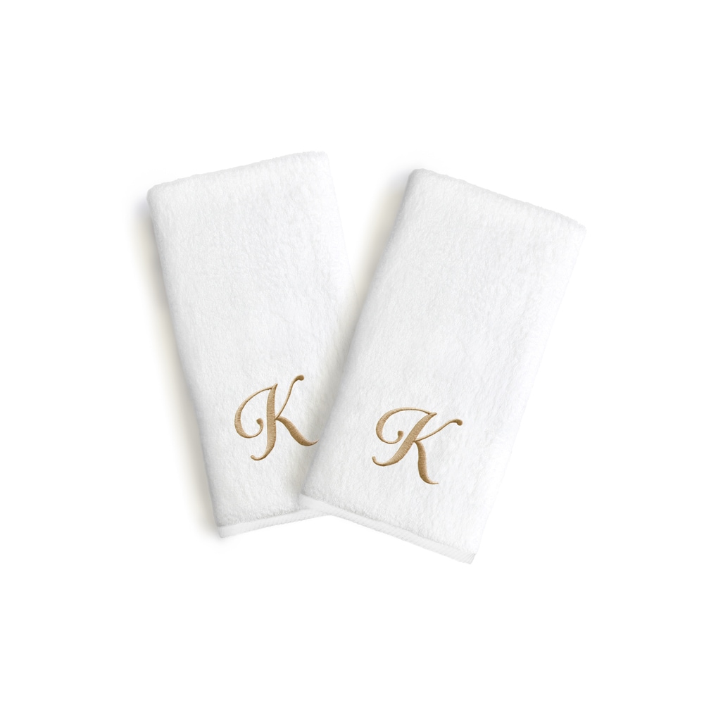 Copper Grove Belgrad 2-piece White Turkish Cotton Hand Towels with Gold Script Monogrammed Initial