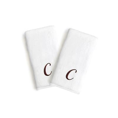 Authentic Hotel and Spa 2-piece White Turkish Cotton Hand Towels with Brown Script Monogrammed Initial