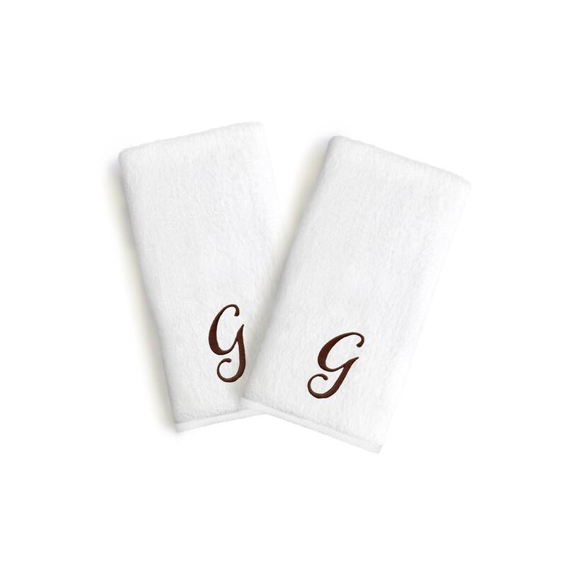 Authentic Hotel and Spa 2-piece White Turkish Cotton Hand Towels with Brown Script Monogrammed Initial