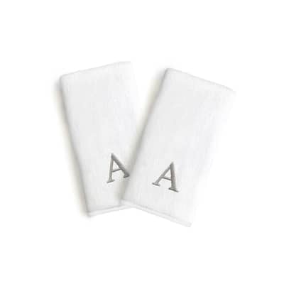 Authentic Hotel and Spa 2-piece White Turkish Cotton Hand Towels with Grey Block Monogrammed Initial