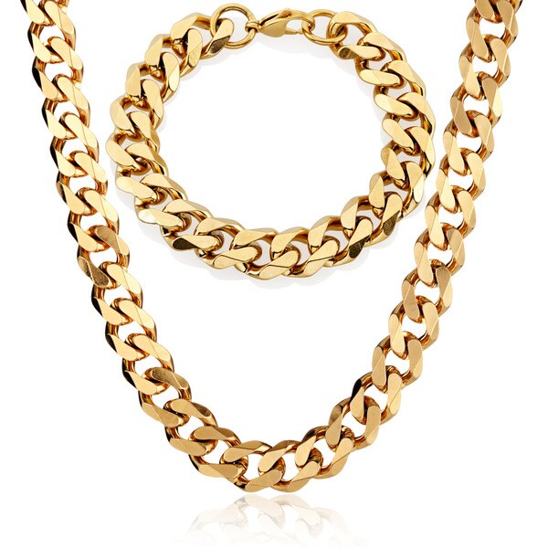 Crucible Men's Stainless Steel Cuban Curb Chain Necklace and Bracelet Set