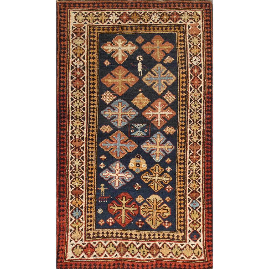 Pasargad Kazak Hand-knotted Navy-ivory Lamb's Wool Area Rug - 3' x 5'