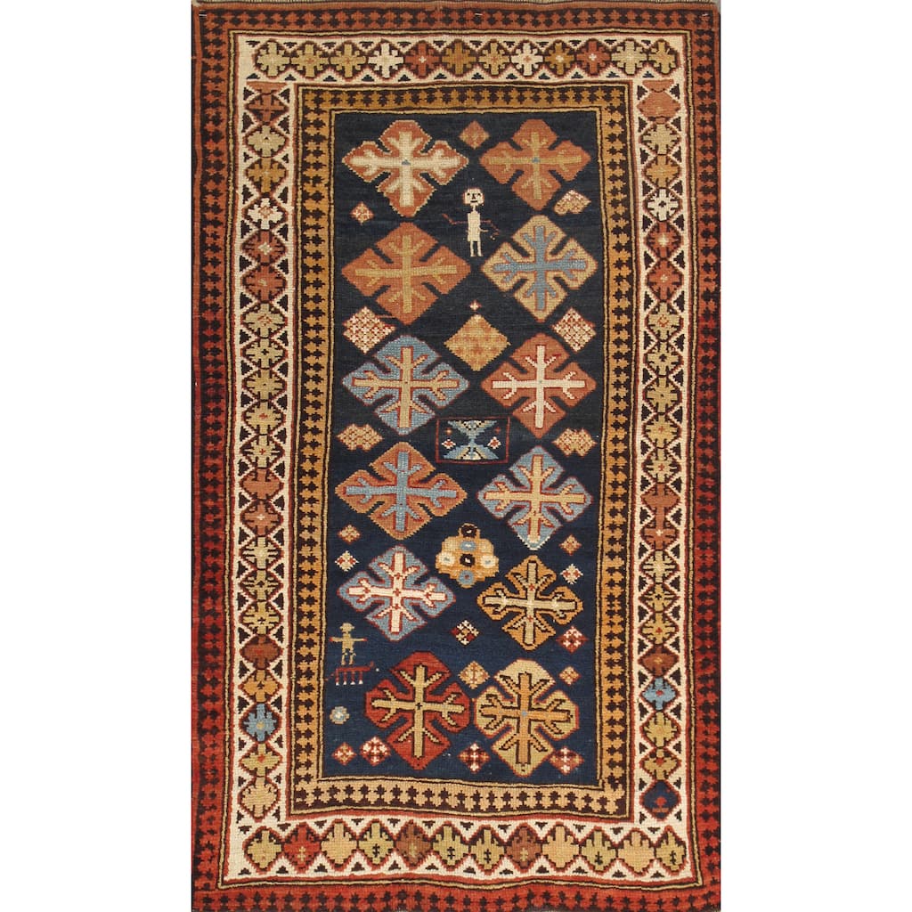 Pasargad Kazak Hand-knotted Navy-ivory Lamb's Wool Area Rug - 3' x 5'