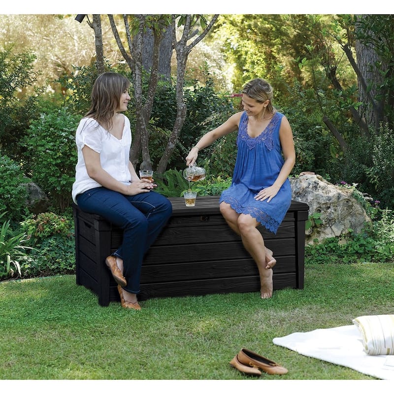 Keter Brightwood 120 Gallon Large Durable Resin Outdoor Storage Deck Box For Furniture and Supplies, Grey