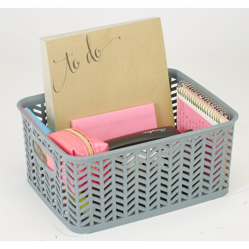 Simplify Grey Small Herringbone Storage Tote - 10"x8"x4"