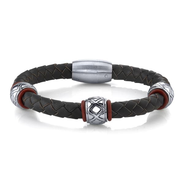 slide 1 of 2, Men's Stainless Steel and Genuine Leather Bead Bracelet