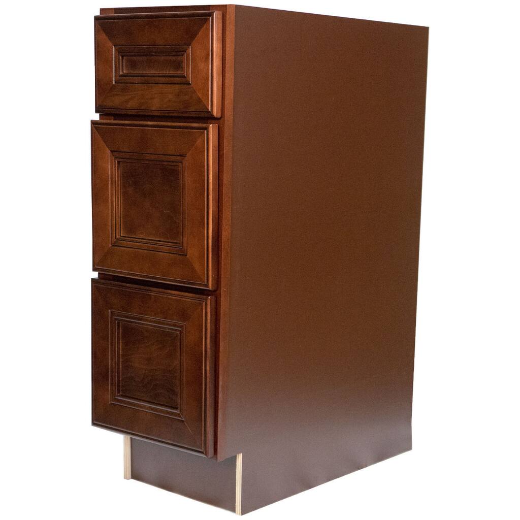 Everyday Cabinets 15-inch Cherry Mahogany Brown Leo Saddle 3 Drawer Base Kitchen Cabinet