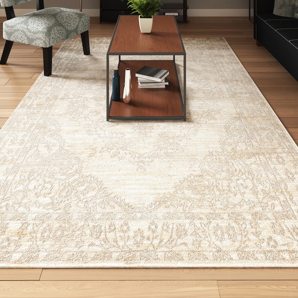 Porch & Den Greenpoint Lorimer Off-White Bone Distressed Oriental Area Rug - 6'7 x 9'6