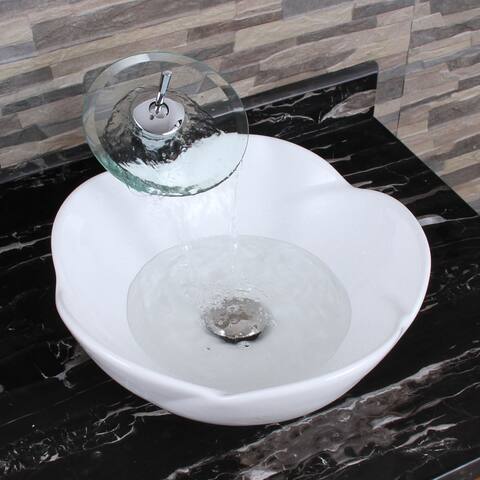 ELIMAX'S Lotus Round Shape White Porcelain Ceramic Bathroom Vessel Sink and Waterfall Faucet Combo
