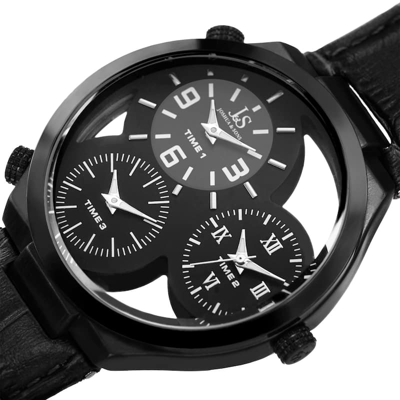 Joshua & Sons Men's Quartz Triple Time Zone Black Leather Strap Watch