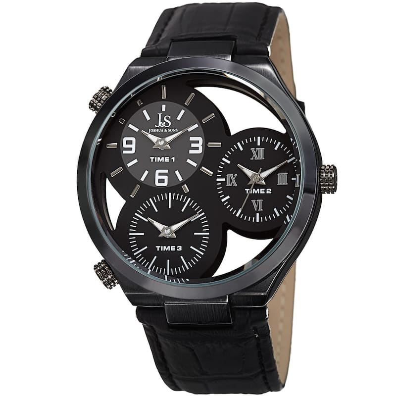 Joshua & Sons Men's Quartz Triple Time Zone Black Leather Strap Watch