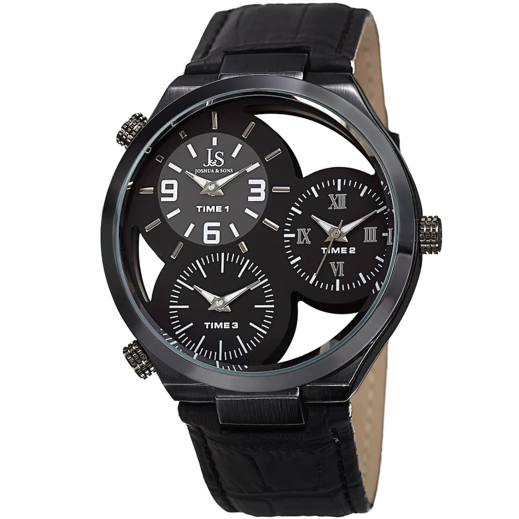 Joshua & Sons Men's Quartz Triple Time Zone Black Leather Strap Watch