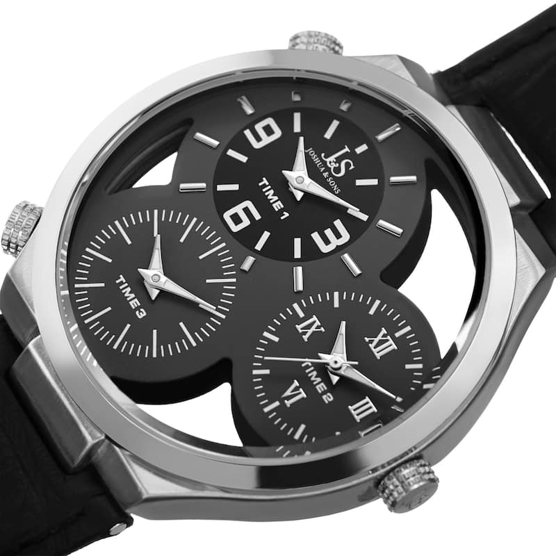 Joshua & Sons Men's Quartz Triple Time Zone Grey Leather Strap Watch