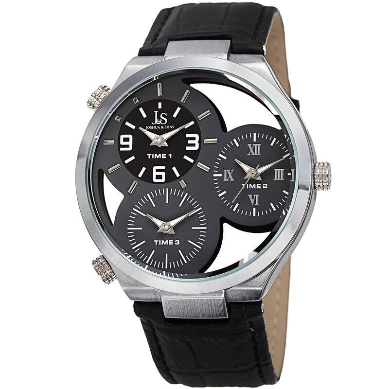 Joshua & Sons Men's Quartz Triple Time Zone Grey Leather Strap Watch
