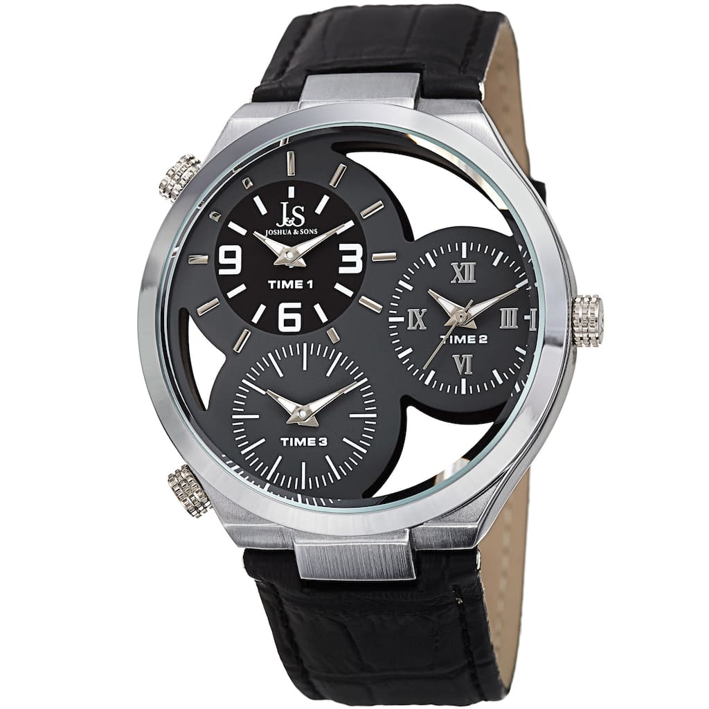 Joshua & Sons Men's Quartz Triple Time Zone Grey Leather Strap Watch